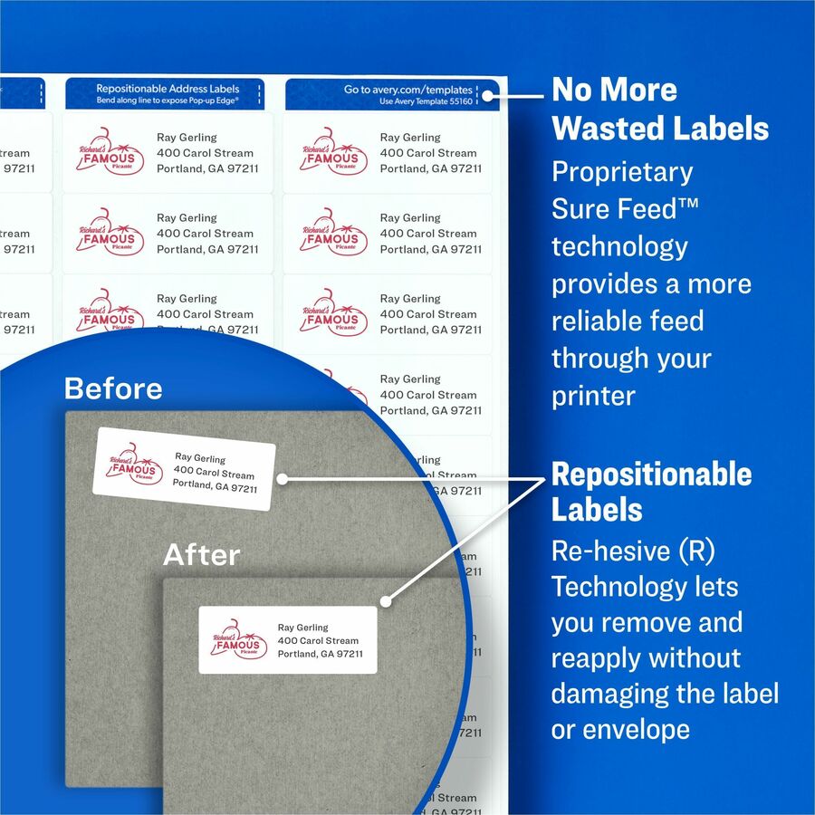 Avery® Repositionable Labels, Sure Feed, 2" x 4" , 1,000 Labels (55163)