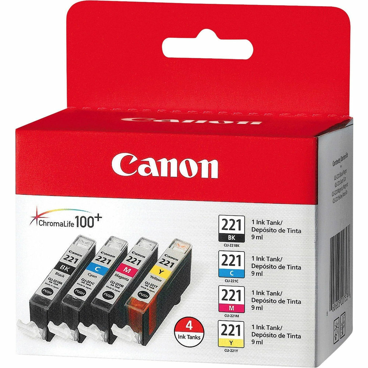 Canon CLI-221 Original Inkjet Ink Cartridge - Assorted, Cyan, Magenta, Yellow - 4 / Pack