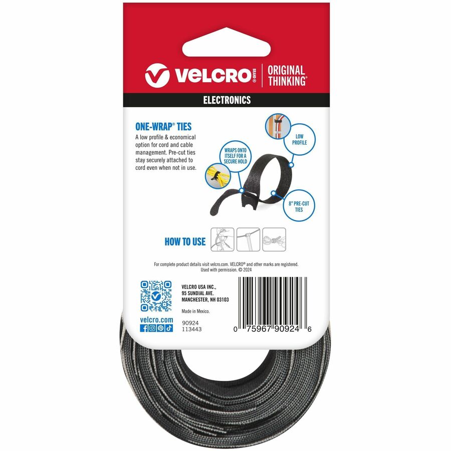 VELCRO® ONE-WRAP Thin Ties 8in x 1/2in Ties Gray & Black 50 ct
