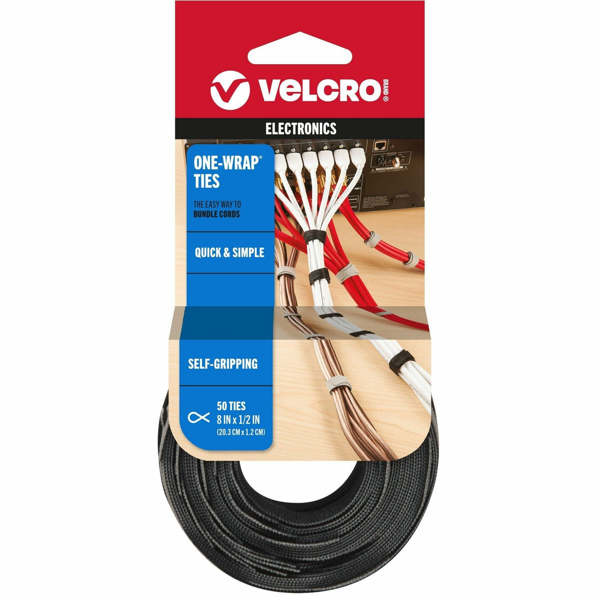 VELCRO® ONE-WRAP Thin Ties 8in x 1/2in Ties Gray & Black 50 ct