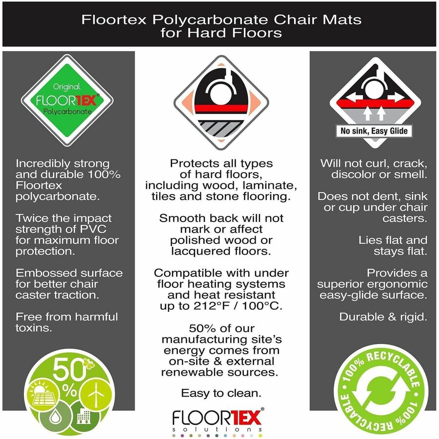 Floortex XXL Polycarbonate Rectangular Chair Mat for Hard Floors - 60" x 79"