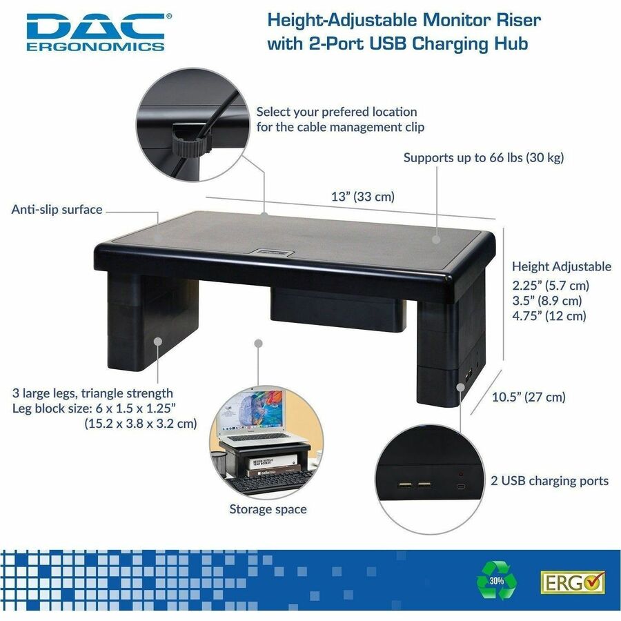 DAC® Stax MP-213 Height-Adjustable Monitor/Laptop Stand with 2-USB Ports, Black