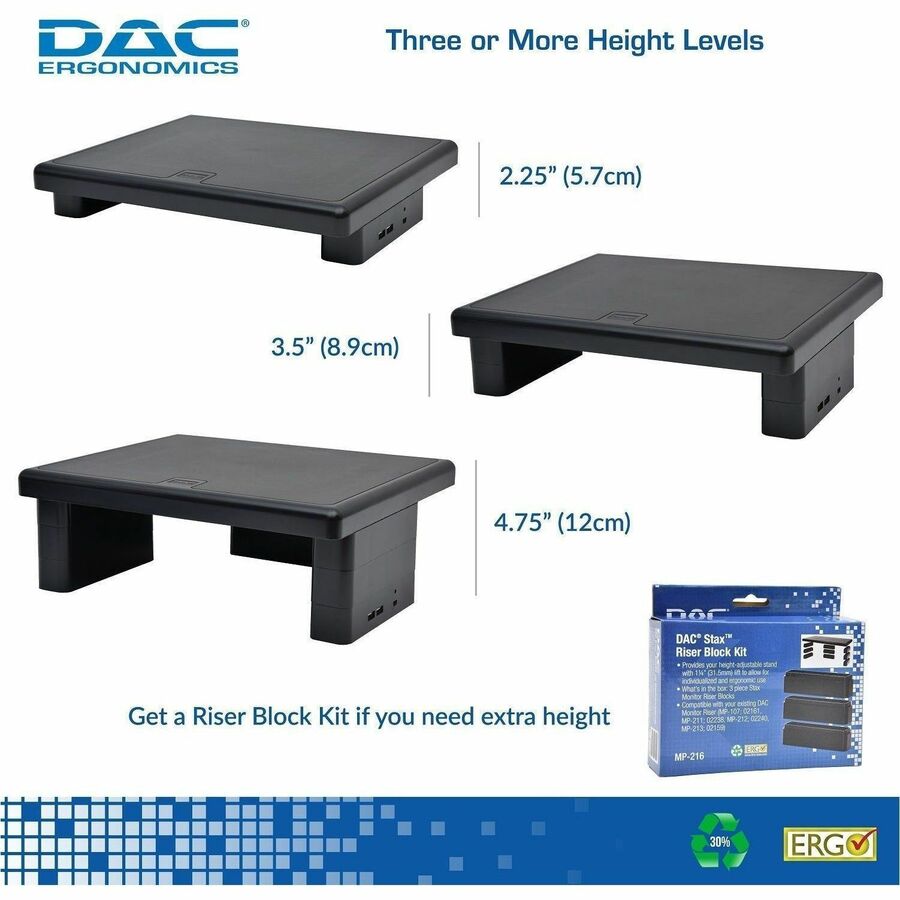 DAC® Stax MP-213 Height-Adjustable Monitor/Laptop Stand with 2-USB Ports, Black