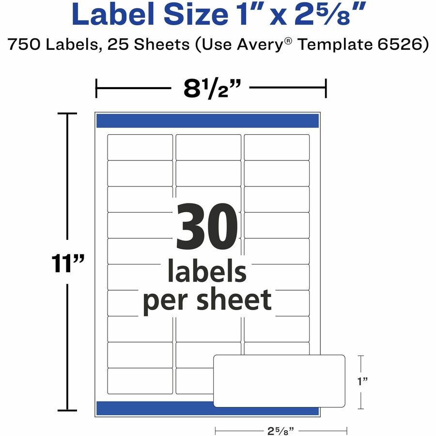 Avery® Address Labels, Glossy White, 1" x 2-5/8" , 750 Total (6526)