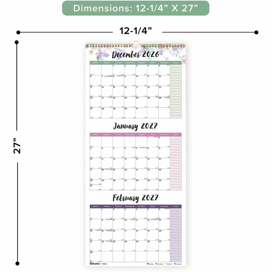 Blueline 3-Month Colorful Wall Calendar