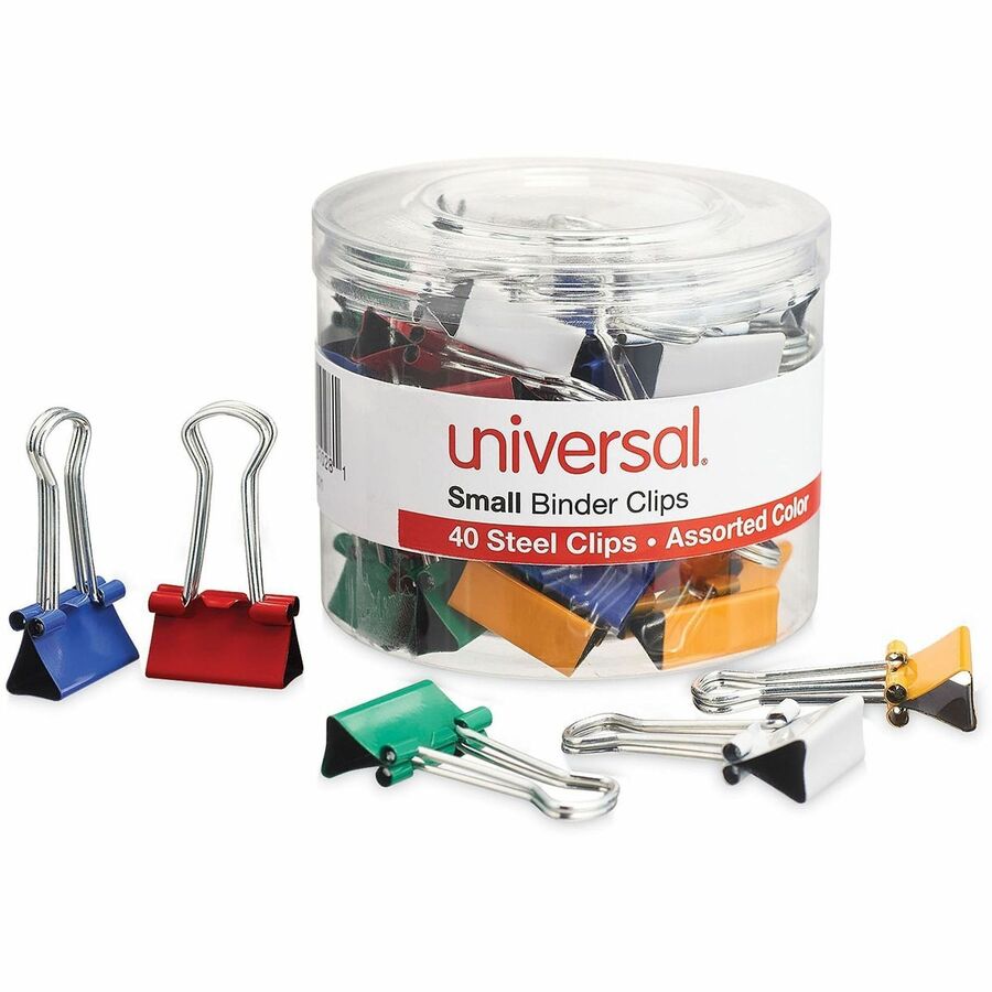 Universal Binder Clips with Storage Tub, Small, Assorted Colors, 40/Pack