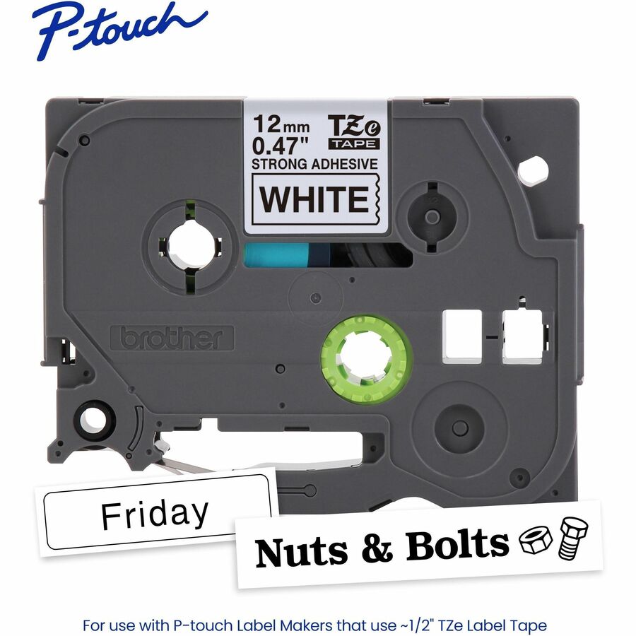 P-touch Genuine TZeS231 BK on WHT Label Tape, Strong Adhesive Lam., 12mmX8m