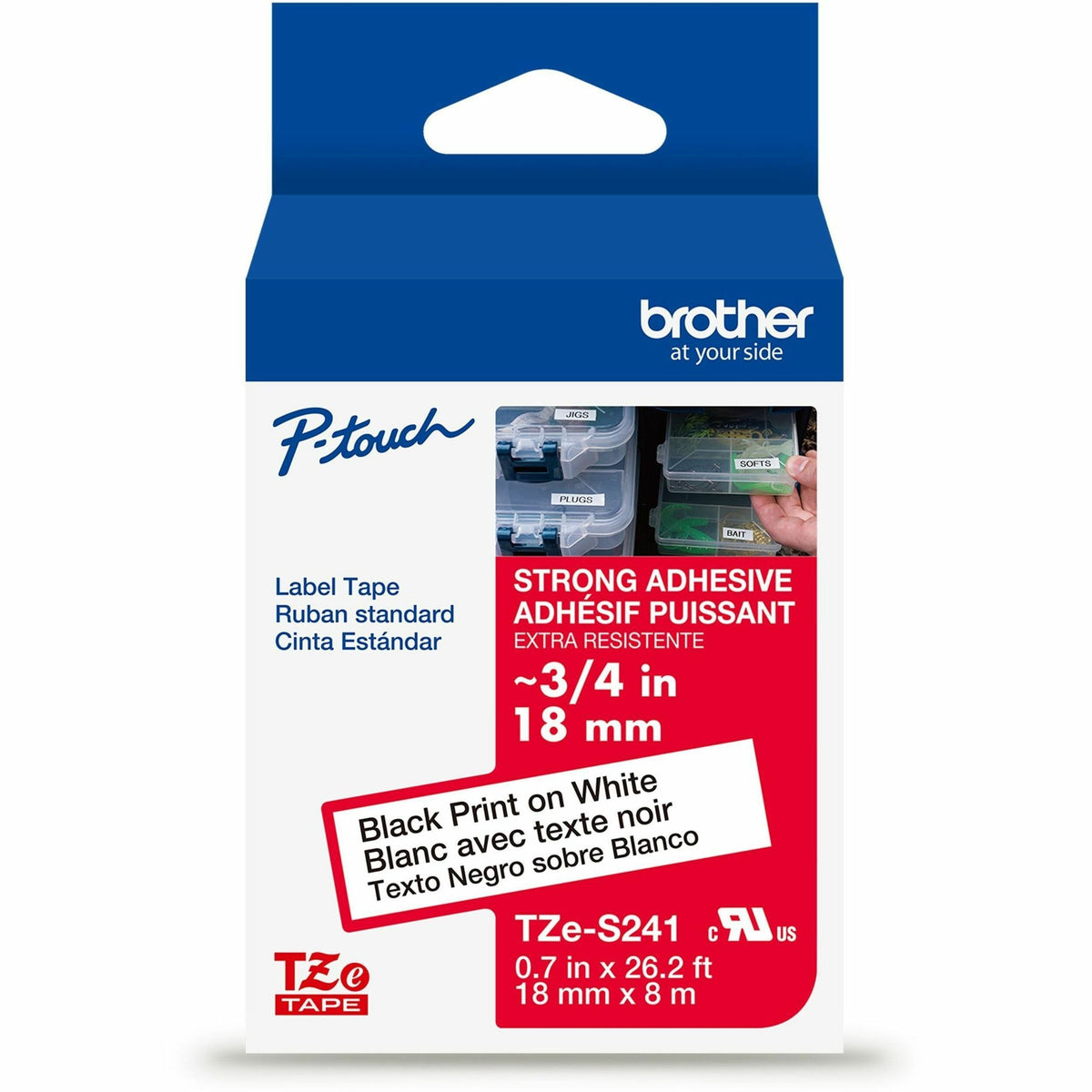 P-touch Genuine TZeS241 BK on WHT Label Tape, Strong Adhesive Lam., 18mmX8m