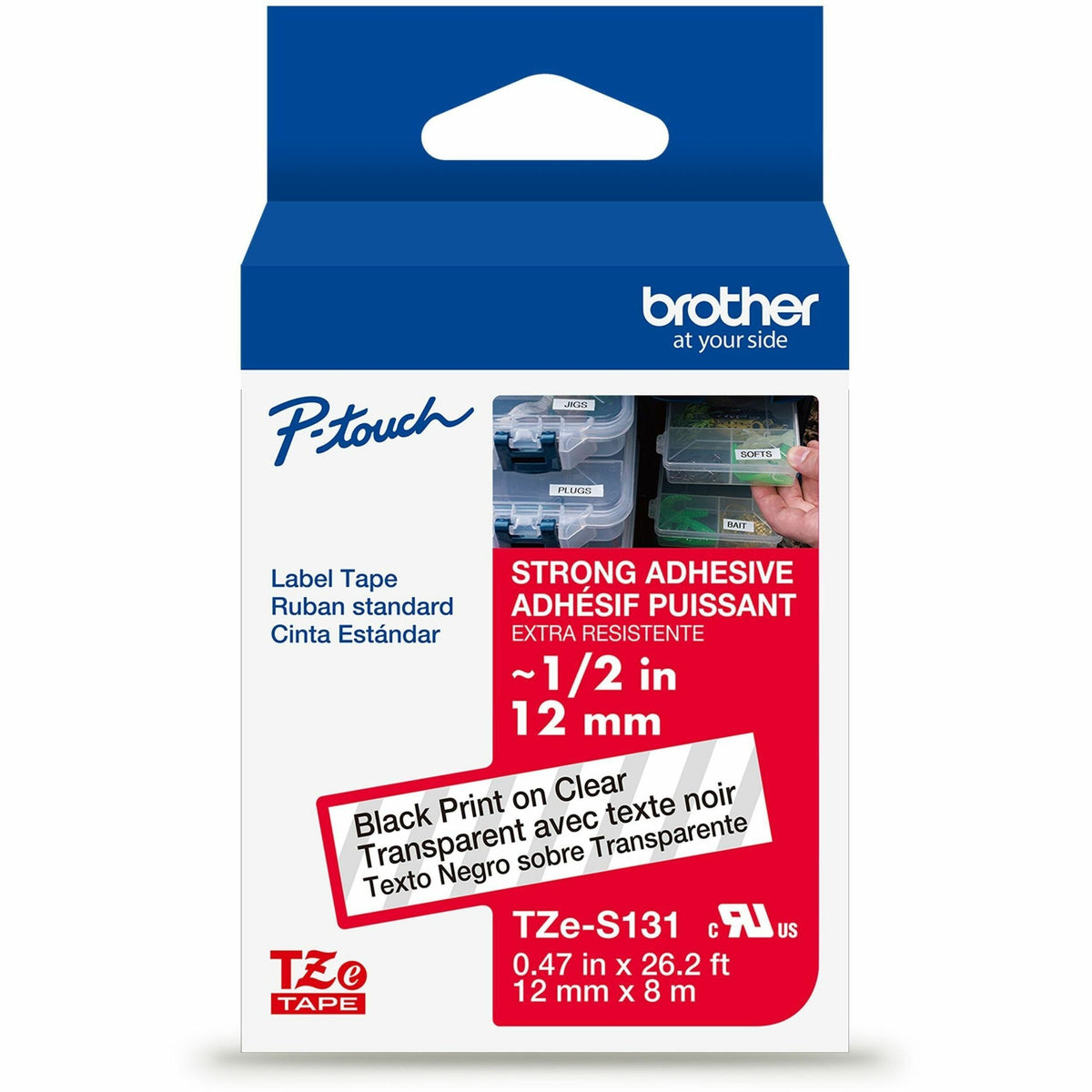 P-touch Genuine TZeS131 BK on CLR Label Tape, Strong Adhesive Lam., 12mmX8m