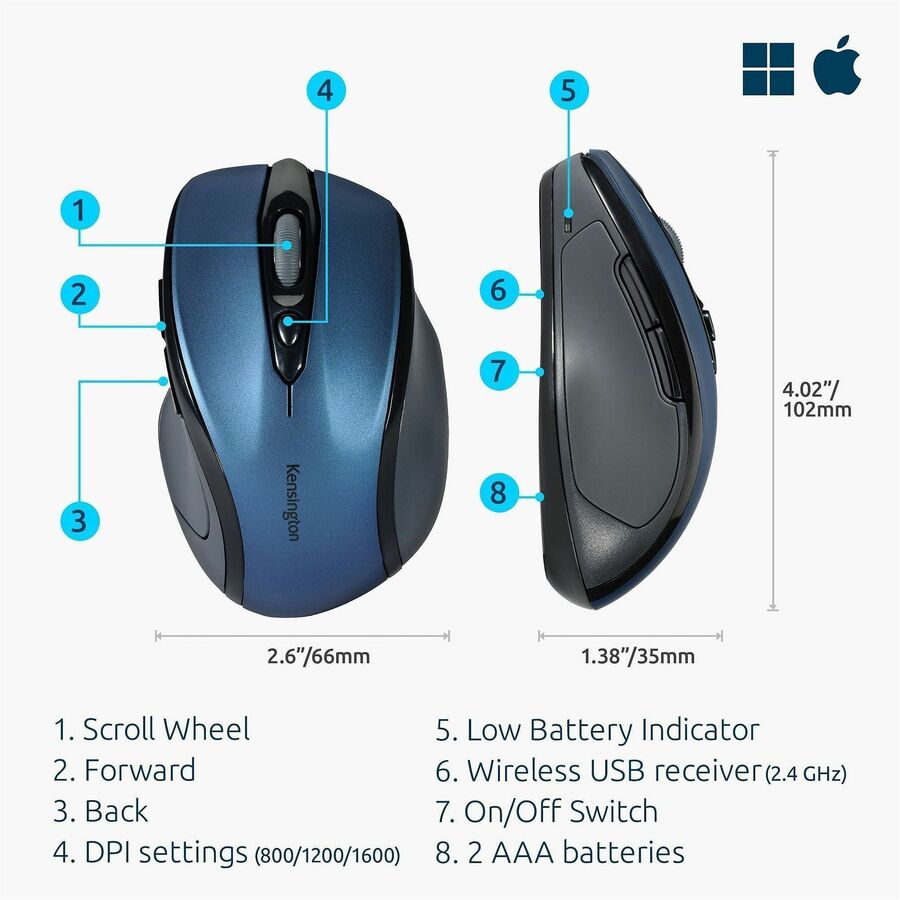 Kensington Pro Fit Mid-Size Wireless Mouse Saphire Blue