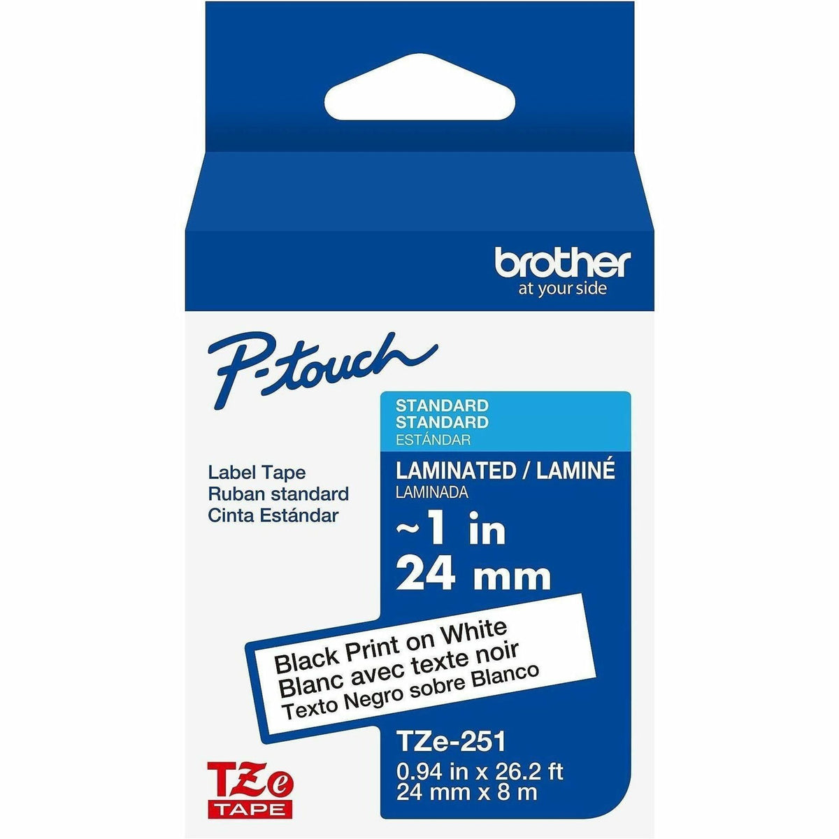 P-touch Genuine TZe251 BK on WHT Label Tape, Laminated, 24mmX8m