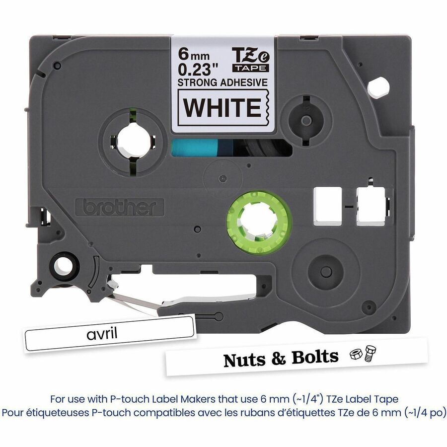 P-touch Genuine TZeS211 BK on WHT Label Tape, Strong Adhesive Lam., 6mmX8m