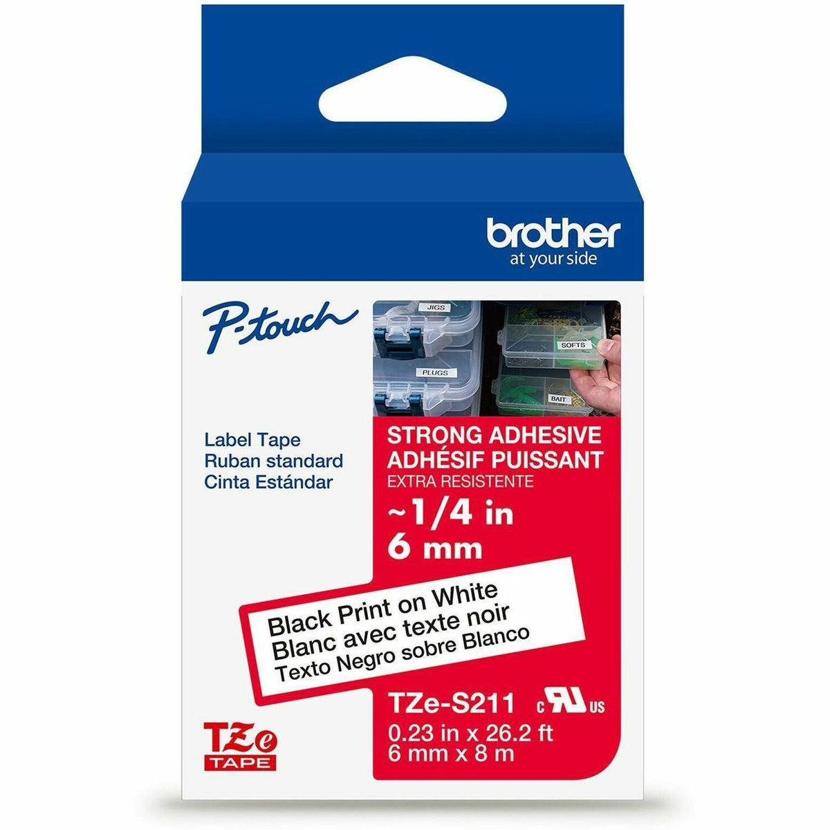 P-touch Genuine TZeS211 BK on WHT Label Tape, Strong Adhesive Lam., 6mmX8m