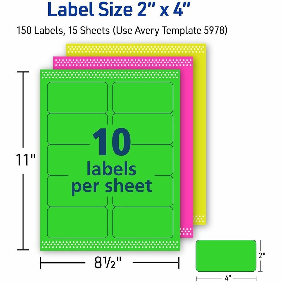 Avery® 2"x4" Neon Shipping Labels, Sure Feed, 150 Labels (5978)