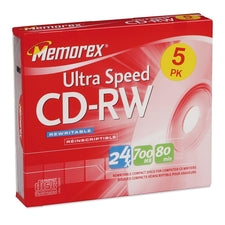 Memorex CD Rewritable Media - CD-RW - 24x - 700 MB - 5 Pack Slim Jewel Case