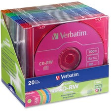 Verbatim CD-RW 700MB 2X-4X DataLifePlus with Color Branded Surface and Matching Case - 20pk Slim Case, Assorted