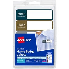 Avery&reg; Flexible Name Badge Labels, Assorted Colors, 1" x 3-3/4" , 100 Badges