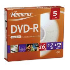 Memorex DVD Recordable Media - DVD-R - 16x - 4.70 GB - 5 Pack Slim Jewel Case