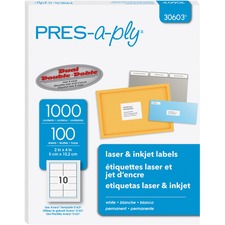 PRES-a-ply PRES-a-ply White Labels, 2" x 4" , Permanent-Adhesive, 10-up, 1000 labels