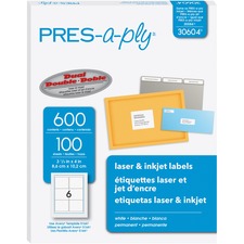 PRES-a-ply PRES-a-ply White Labels, 3-1/3" x 4" , Permanent-Adhesive, 6-up, 600 labels